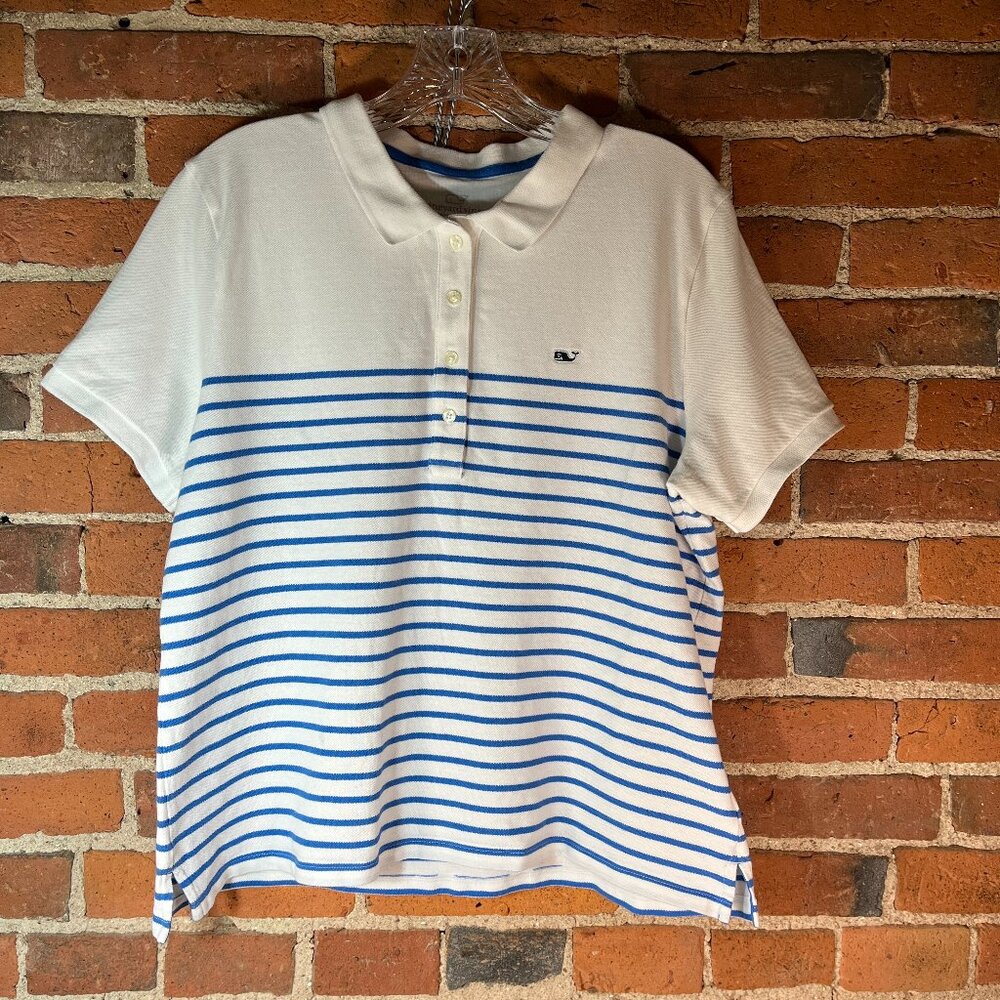 Vineyard Vines Womens XL Heritage Polo Shirt Blue White Stripe Stretch Cotton